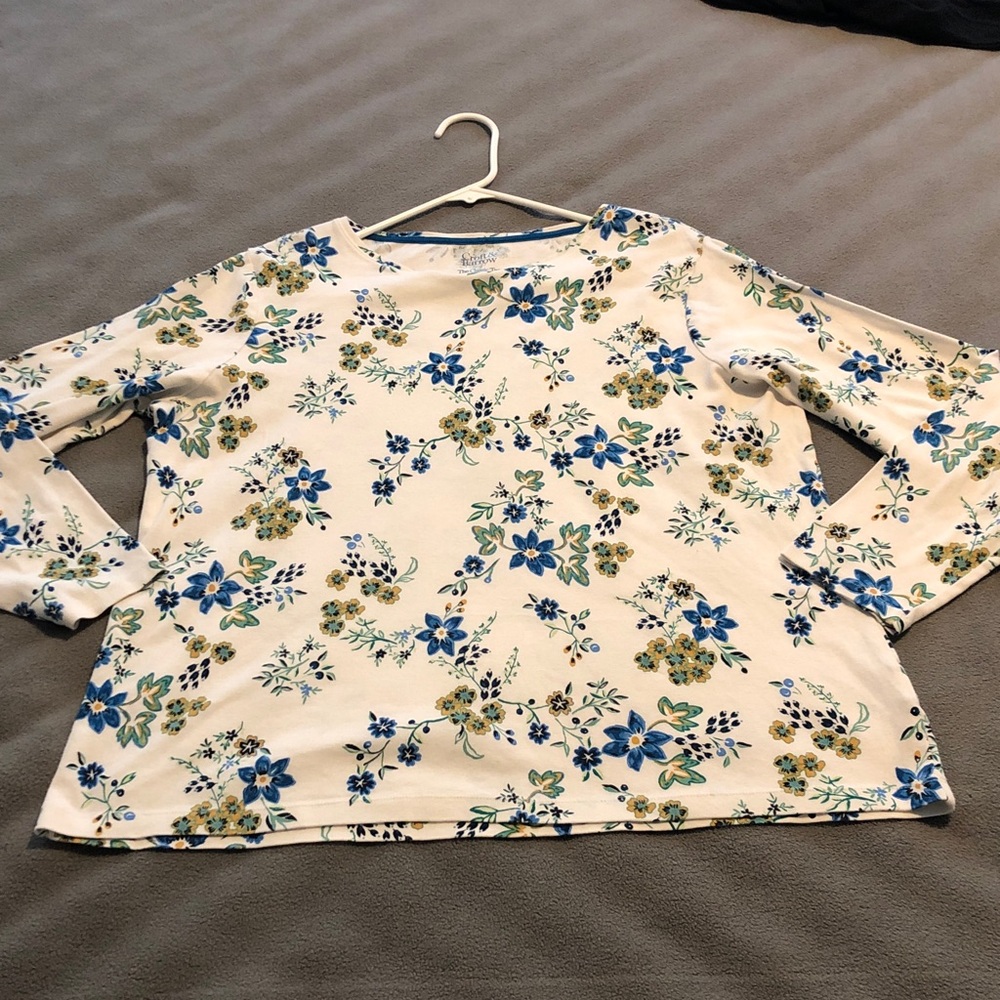 Croft & Barrow Women's 2XL Long Sleeve Blue & Gold Floral Print Cotton Top